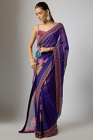 Deep Purple Organza Floral Embroidered Draped Saree Set by Krishna Padia