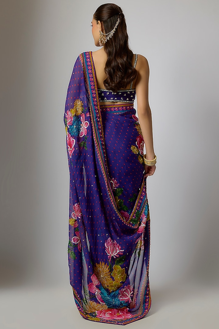 Deep Purple Organza Floral Embroidered Draped Wedding Saree Set by Krishna Padia at Pernia's Pop Up Shop