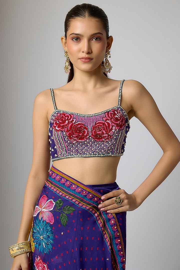 Deep Purple Organza Floral Embroidered Draped Wedding Saree Set by Krishna Padia at Pernia's Pop Up Shop