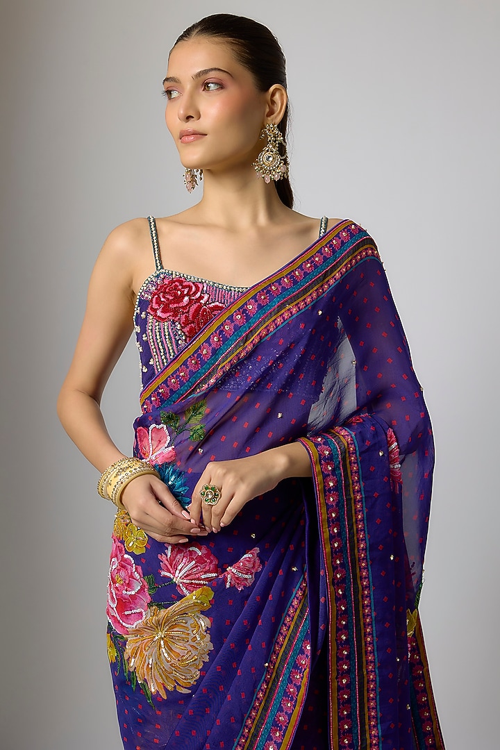 Deep Purple Organza Floral Embroidered Draped Wedding Saree Set by Krishna Padia at Pernia's Pop Up Shop