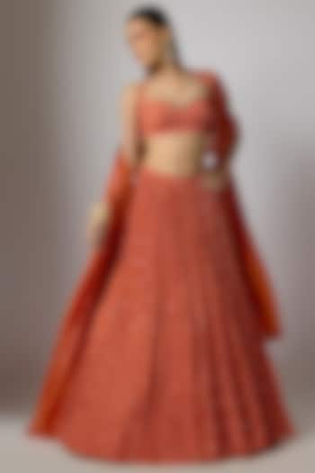 Orange Chinon Bandhani Printed & Hand Embroidered Lehenga Set by Krishna Padia at Pernia's Pop Up Shop