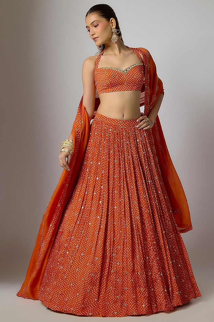 Orange Chinon Bandhani Printed & Hand Embroidered Lehenga Set by Krishna Padia at Pernia's Pop Up Shop