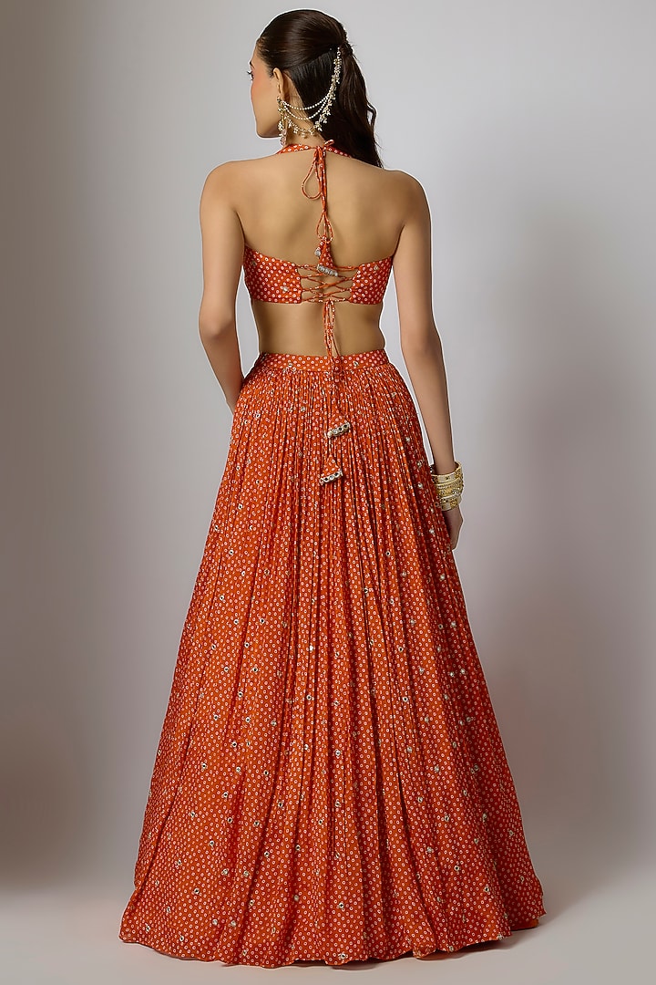 Orange Chinon Bandhani Printed & Hand Embroidered Lehenga Set by Krishna Padia at Pernia's Pop Up Shop