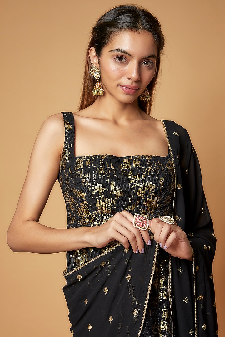 Black Georgette Sequins Embroidered Kurta Set by Krishna Padia at Pernia's Pop Up Shop