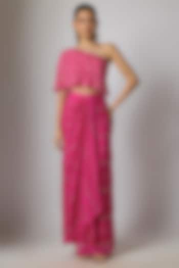 Fuchsia Pink Chinon Zari Embroidered Dhoti Skirt Set by Krishna Padia at Pernia's Pop Up Shop
