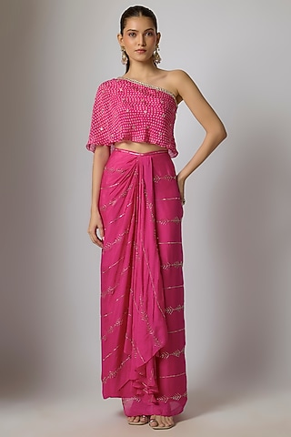 Fuchsia Pink Chinon Zari Embroidered Dhoti Skirt Set by Krishna Padia