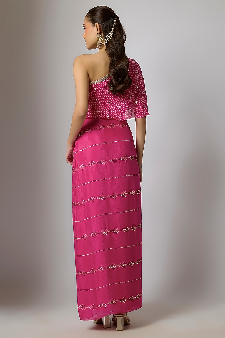 Fuchsia Pink Chinon Zari Embroidered Dhoti Skirt Set by Krishna Padia at Pernia's Pop Up Shop