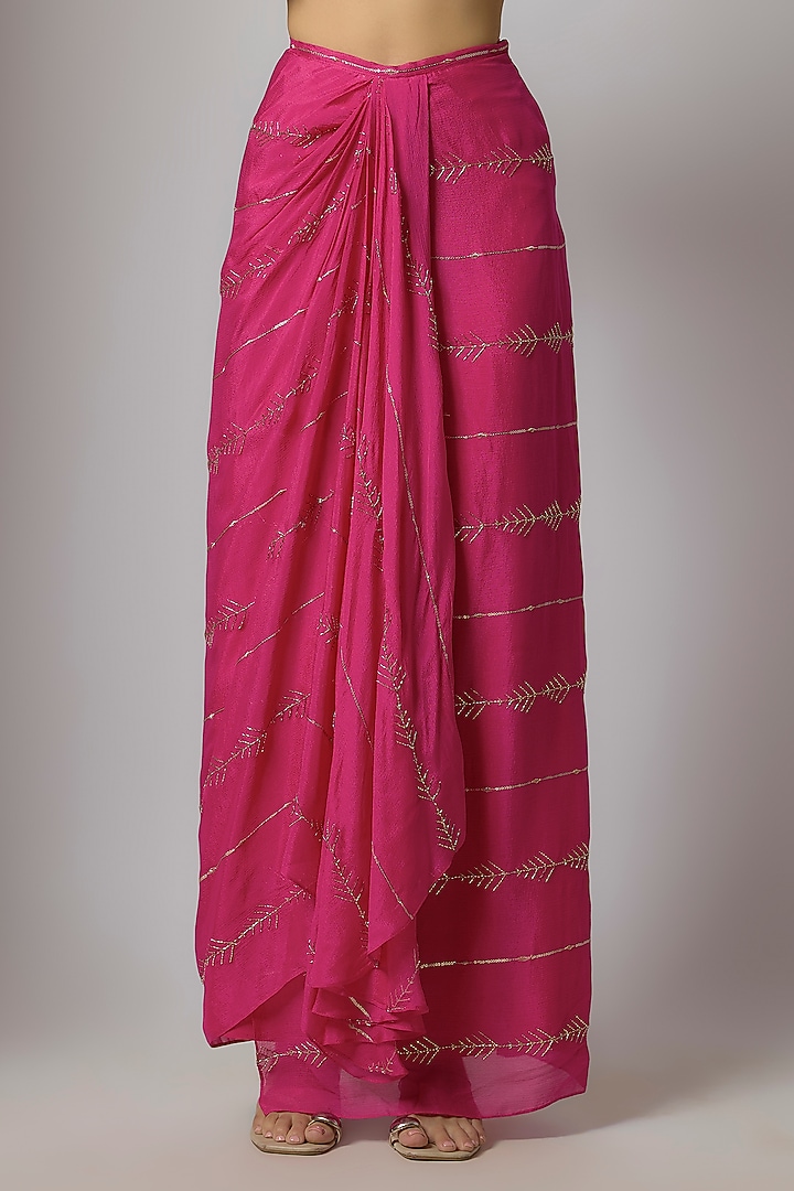 Fuchsia Pink Chinon Zari Embroidered Dhoti Skirt Set by Krishna Padia at Pernia's Pop Up Shop