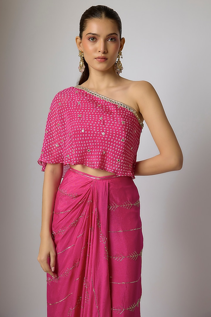 Fuchsia Pink Chinon Zari Embroidered Dhoti Skirt Set by Krishna Padia at Pernia's Pop Up Shop
