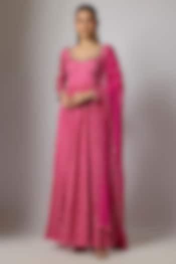 Fuchsia Pink Chinon Bandhani Printed & Hand Embroidered Party Wear Anarkali Set by Krishna Padia at Pernia's Pop Up Shop