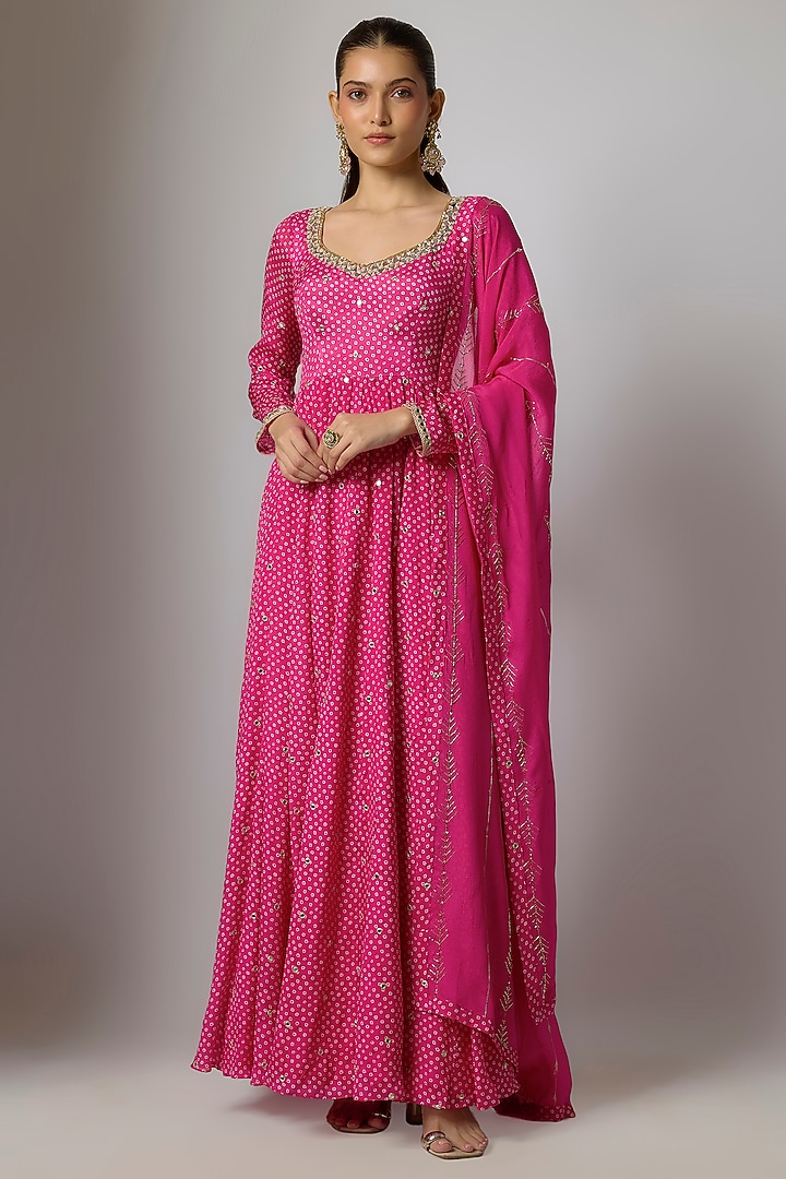 Fuchsia Pink Chinon Bandhani Printed & Hand Embroidered Party Wear Anarkali Set by Krishna Padia at Pernia's Pop Up Shop