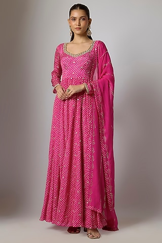Fuchsia Pink Chinon Bandhani Printed & Hand Embroidered Anarkali Set by Krishna Padia