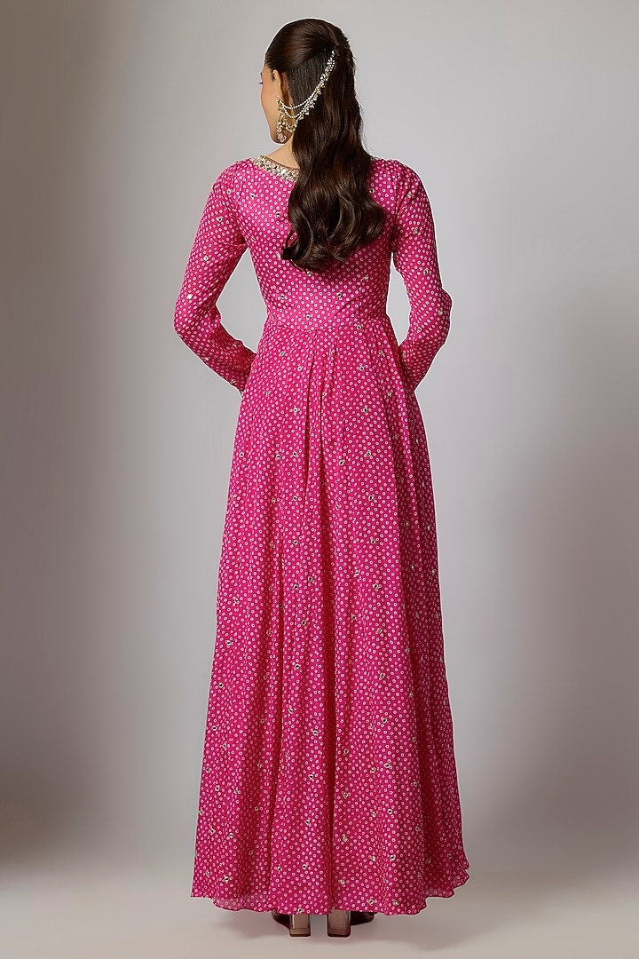 Fuchsia Pink Chinon Bandhani Printed & Hand Embroidered Party Wear Anarkali Set by Krishna Padia at Pernia's Pop Up Shop