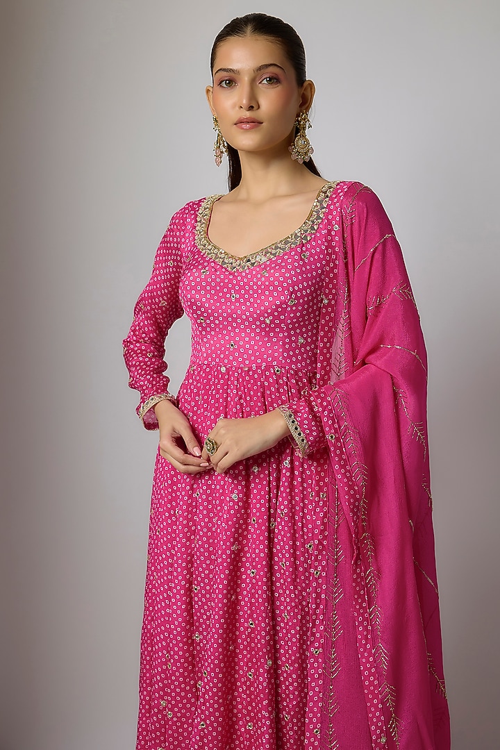 Fuchsia Pink Chinon Bandhani Printed & Hand Embroidered Party Wear Anarkali Set by Krishna Padia at Pernia's Pop Up Shop