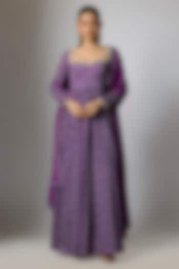 Purple Chinon Bandhani Printed & Hand Embroidered Party Wear Anarkali Set by Krishna Padia at Pernia's Pop Up Shop
