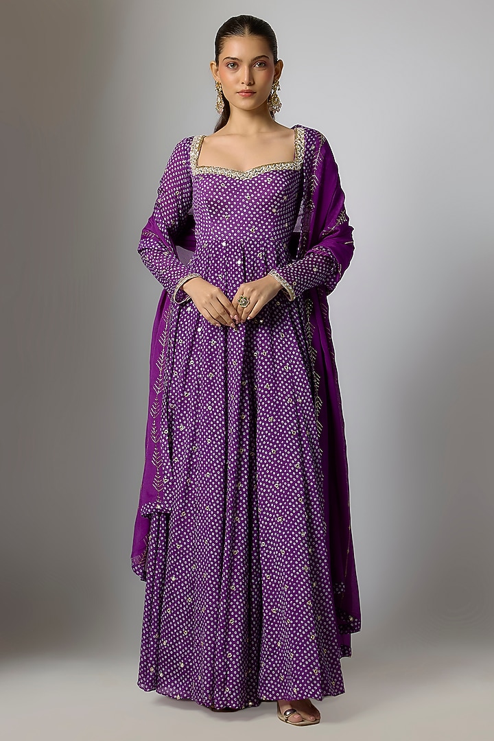 Purple Chinon Bandhani Printed & Hand Embroidered Party Wear Anarkali Set by Krishna Padia at Pernia's Pop Up Shop