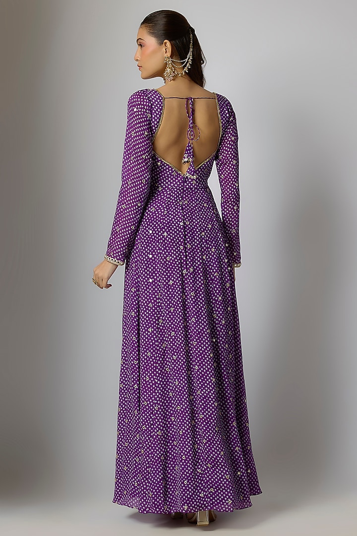 Purple Chinon Bandhani Printed & Hand Embroidered Party Wear Anarkali Set by Krishna Padia at Pernia's Pop Up Shop