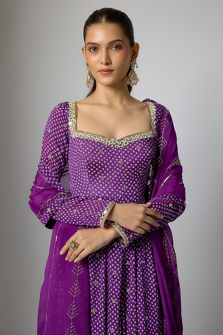 Purple Chinon Bandhani Printed & Hand Embroidered Party Wear Anarkali Set by Krishna Padia at Pernia's Pop Up Shop