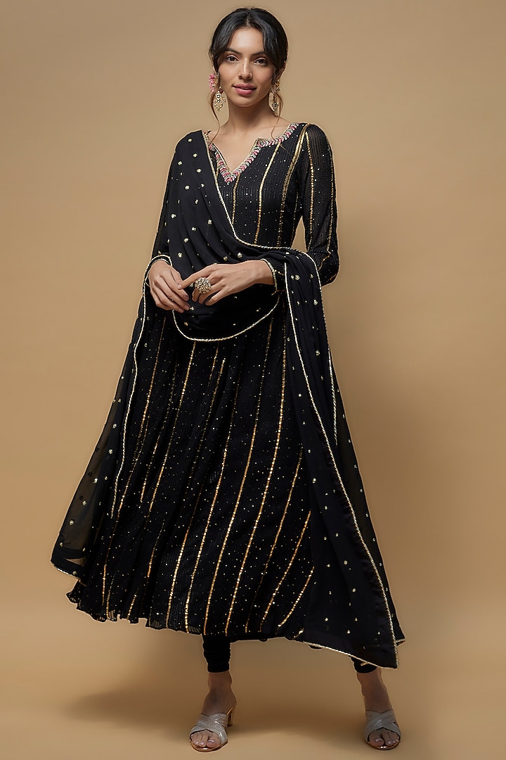 Black Georgette Embroidered Anarkali Set by WILDFLOWER BY KRISHNA