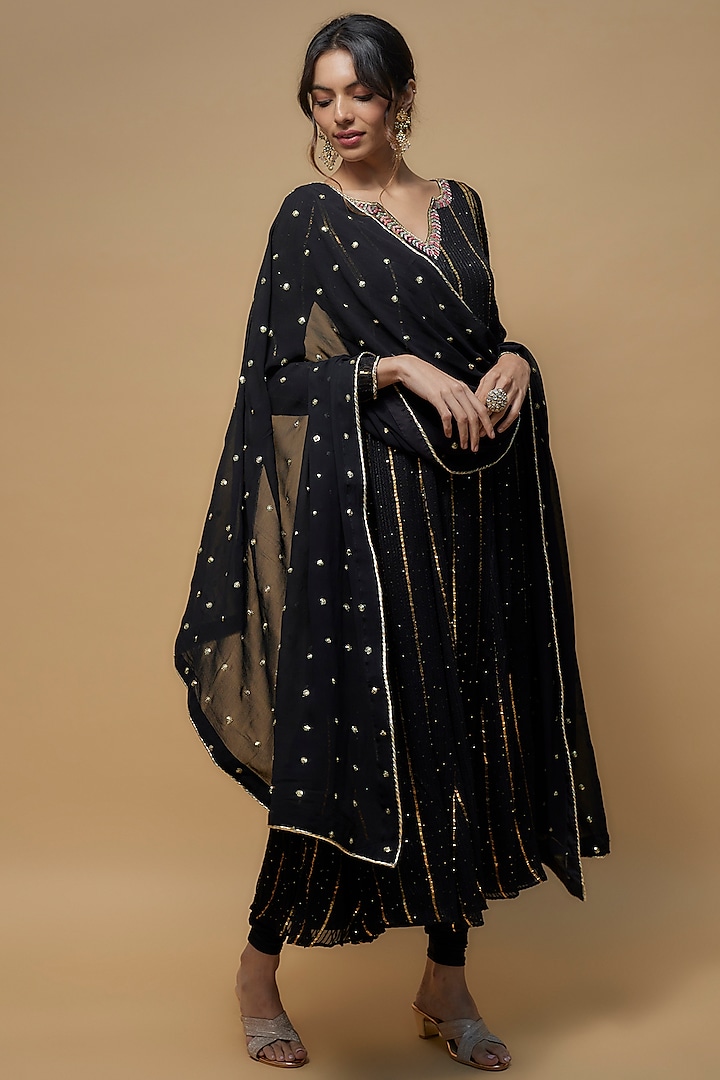 Black Georgette Embroidered Party Wear Anarkali Set by Krishna Padia at Pernia's Pop Up Shop