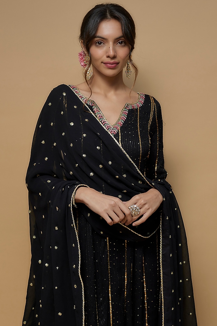 Black Georgette Embroidered Party Wear Anarkali Set by Krishna Padia at Pernia's Pop Up Shop