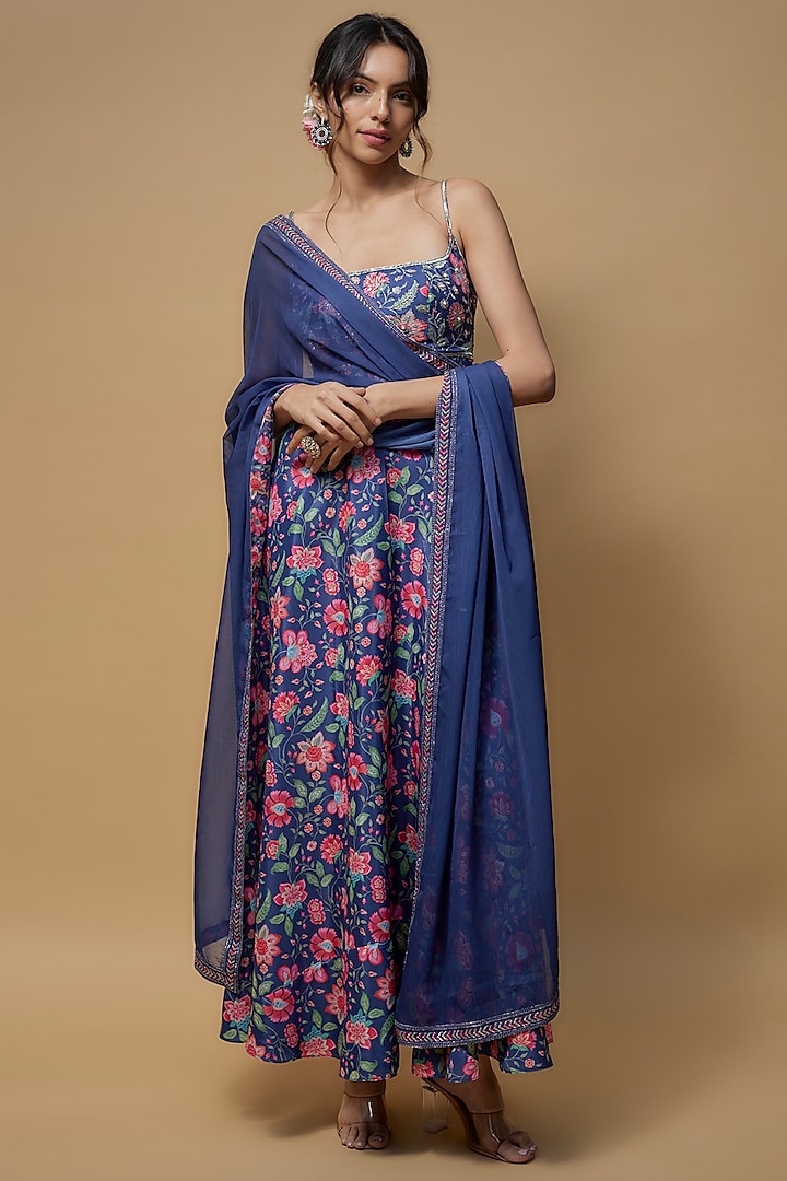 Blue French Crepe Printed & Embroidered Anarkali Set by WILDFLOWER BY KRISHNA