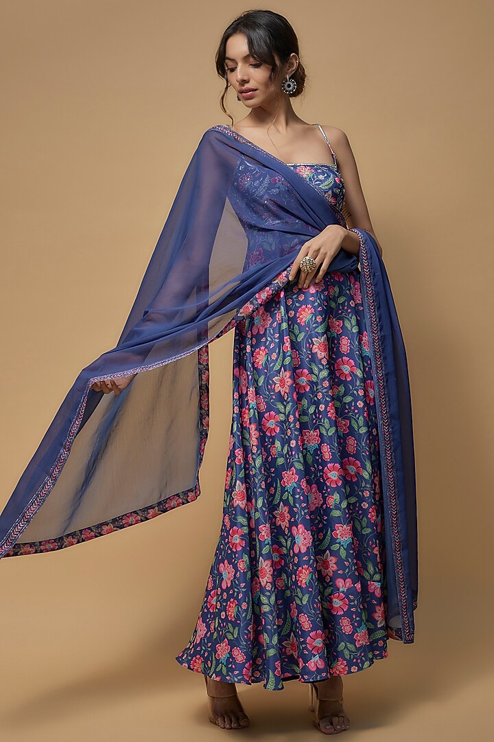 Blue French Crepe Printed & Embroidered Wedding Anarkali Set by Krishna Padia at Pernia's Pop Up Shop