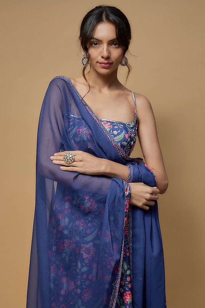 Blue French Crepe Printed & Embroidered Wedding Anarkali Set by Krishna Padia at Pernia's Pop Up Shop