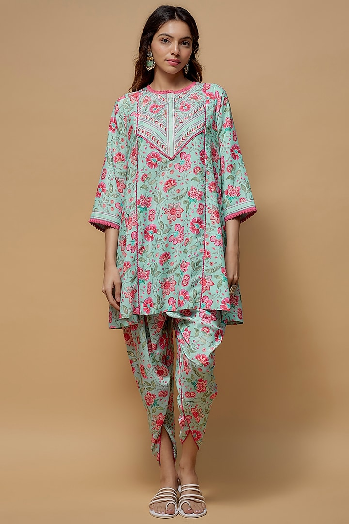 Sky Blue French Crepe Printed Dhoti Set by Krishna Padia at Pernia's Pop Up Shop