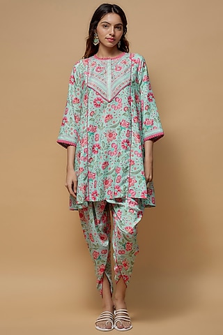 Sky Blue French Crepe Printed Dhoti Set by Krishna Padia