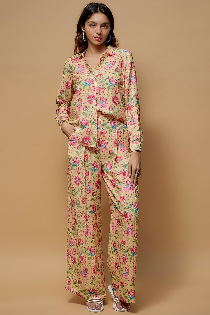 Light Yellow French Crepe Printed Co-Ord Set by Krishna Padia at Pernia's Pop Up Shop