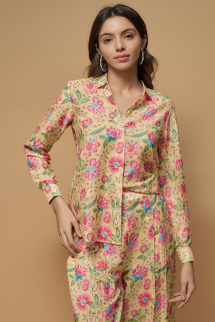 Light Yellow French Crepe Printed Co-Ord Set by Krishna Padia at Pernia's Pop Up Shop