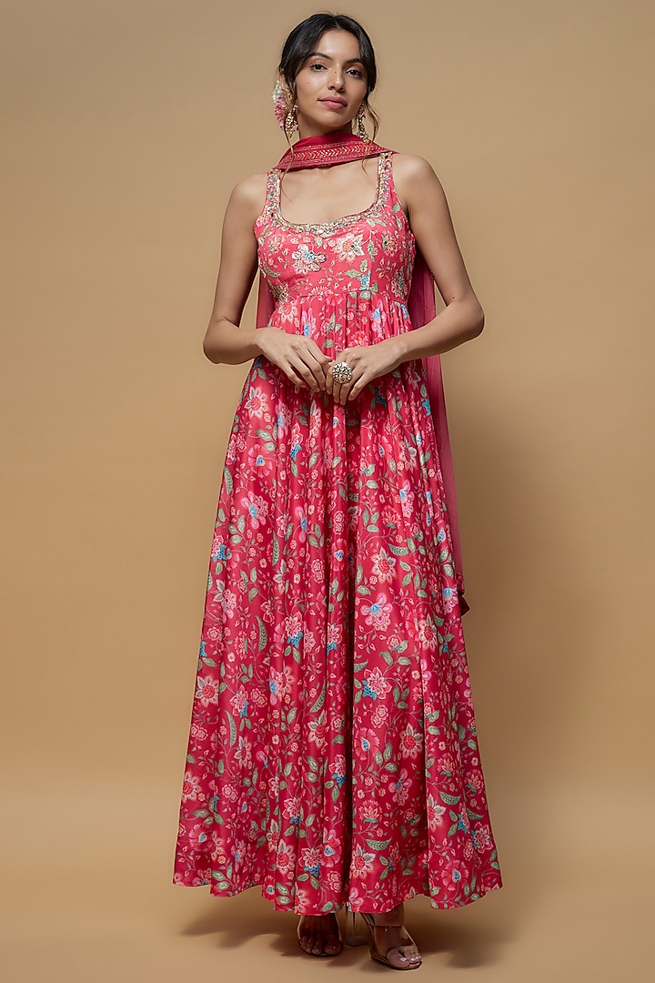 Pink French Crepe Printed Anarkali Set by Krishna Padia