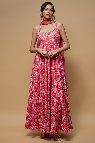 Pink French Crepe Printed Anarkali Set by Krishna Padia