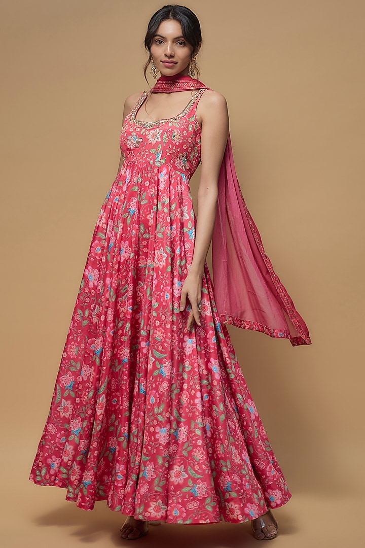 Pink French Crepe Printed Wedding Anarkali Set by Krishna Padia at Pernia's Pop Up Shop