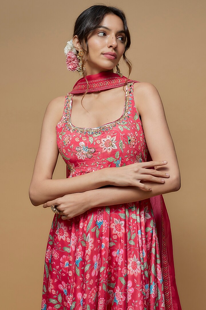 Pink French Crepe Printed Wedding Anarkali Set by Krishna Padia at Pernia's Pop Up Shop