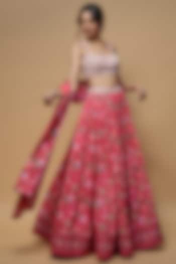 Bright Pink French Crepe Printed Lehenga Set by WILDFLOWER BY KRISHNA