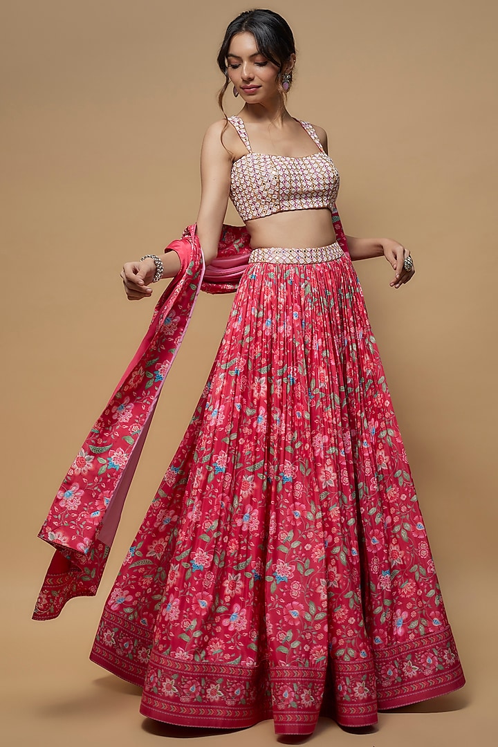 Bright Pink French Crepe Printed Lehenga Set by WILDFLOWER BY KRISHNA