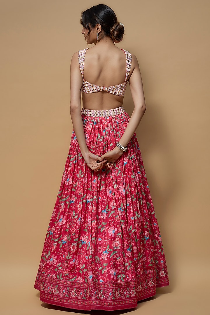 Bright Pink French Crepe Printed Wedding Lehenga Set by Krishna Padia at Pernia's Pop Up Shop