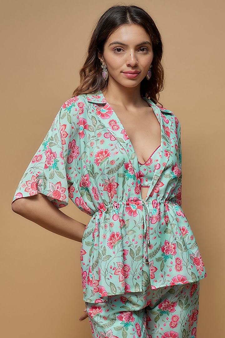 Sky Blue French Crepe Printed Co-Ord Set by Krishna Padia at Pernia's Pop Up Shop
