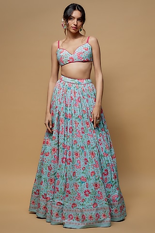 Sky Blue French Crepe Printed Lehenga Set by Krishna Padia