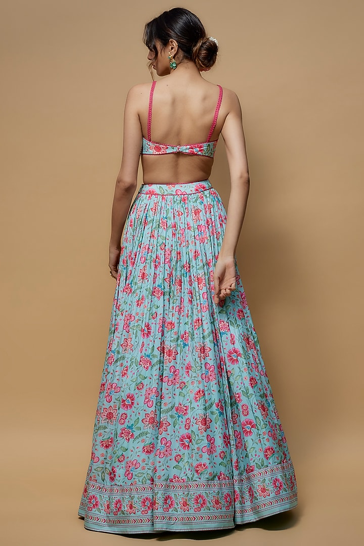 Sky Blue French Crepe Printed Lehenga Set by Krishna Padia at Pernia's Pop Up Shop