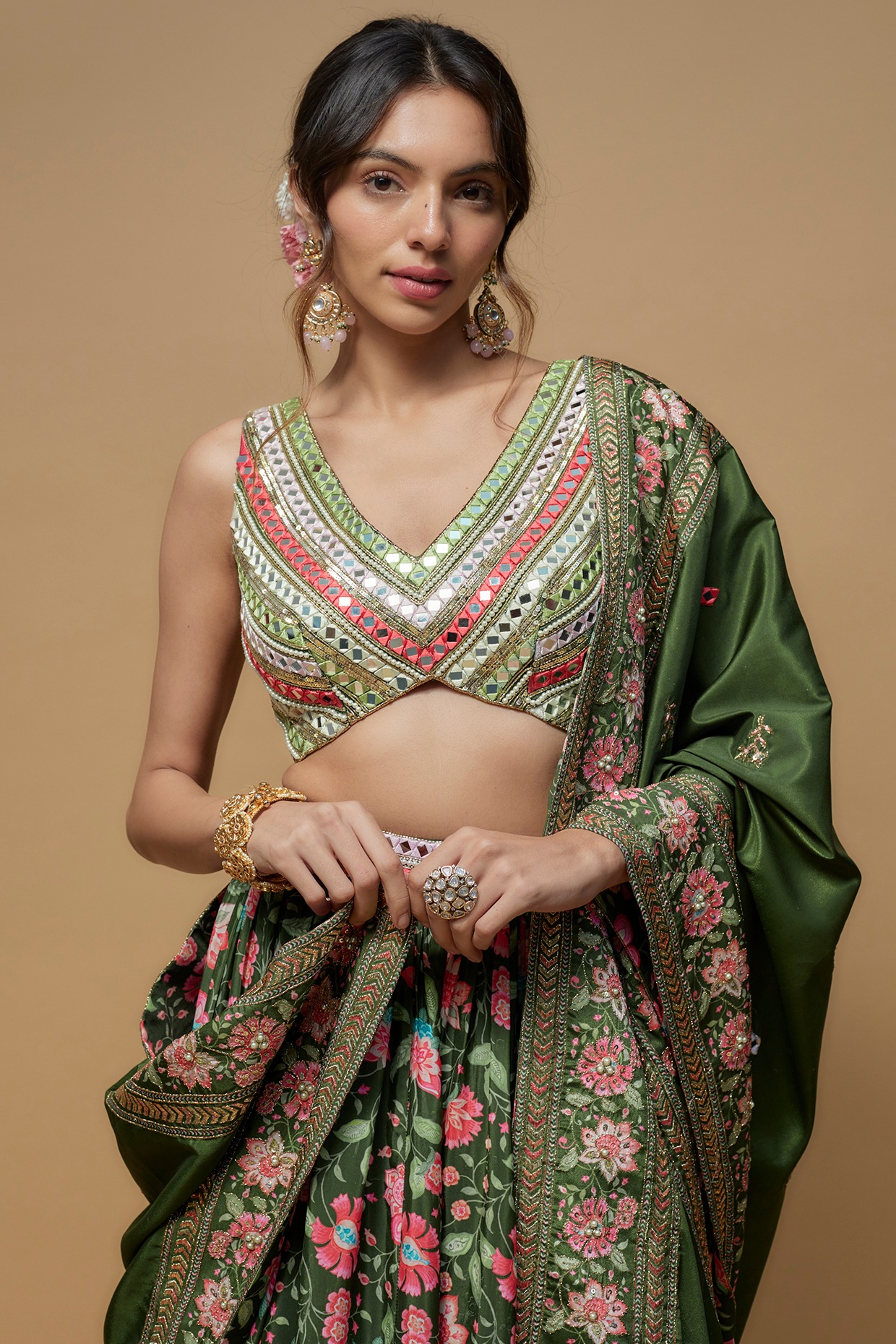 Beige Embroidered Crepe Silk Trendy Lehenga Choli -