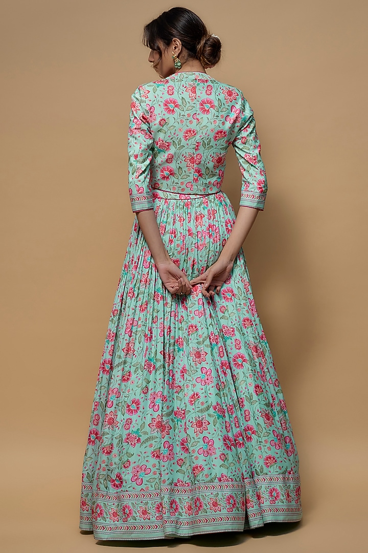 Sky Blue French Crepe Printed Jacket Lehenga Set by Krishna Padia at Pernia's Pop Up Shop