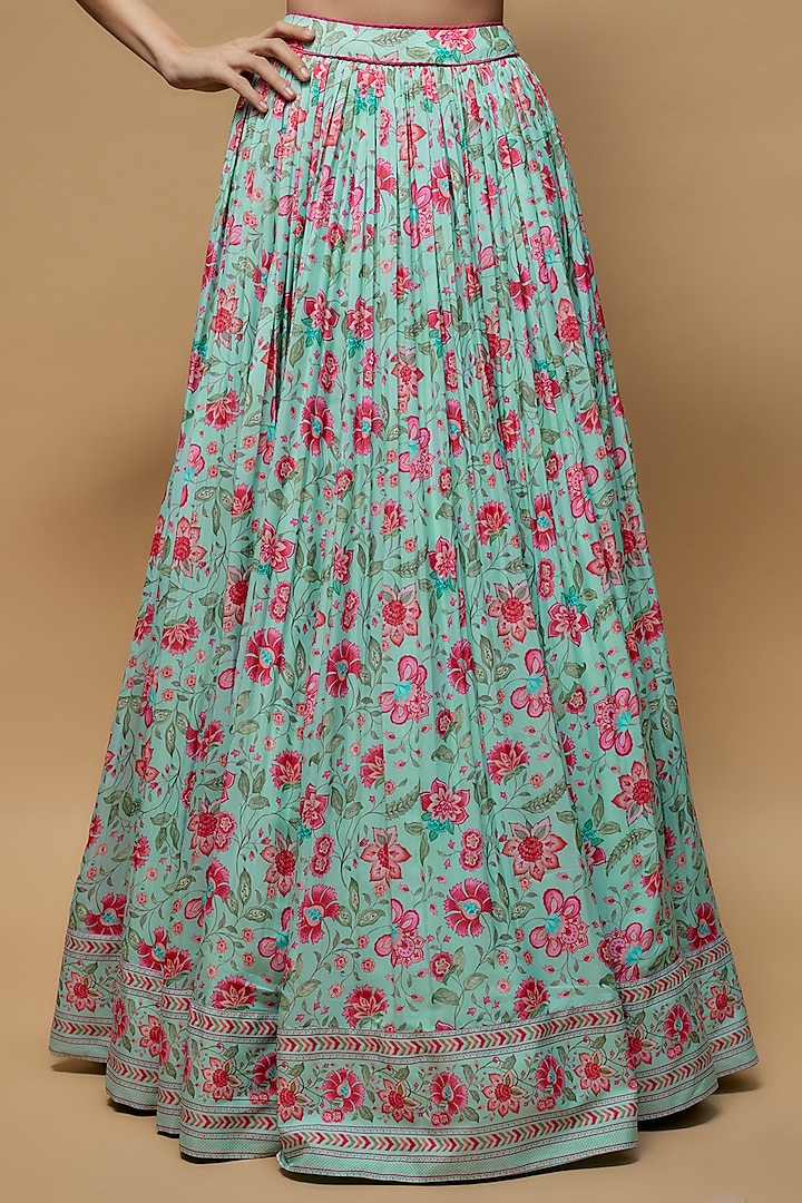 Sky Blue French Crepe Printed Jacket Lehenga Set by Krishna Padia at Pernia's Pop Up Shop