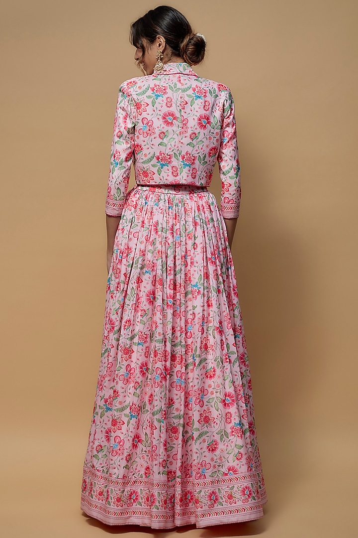 Baby Pink French Crepe Printed Jacket Lehenga Set by Krishna Padia at Pernia's Pop Up Shop