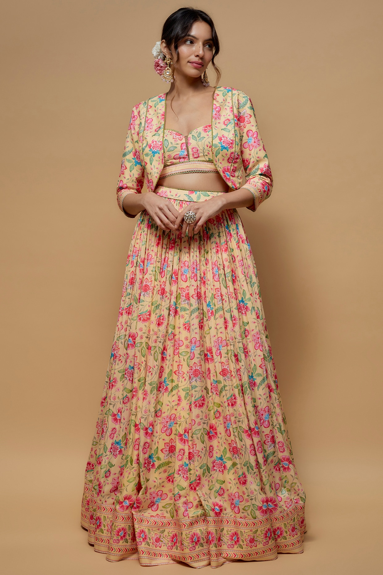 Mint Lehenga And A Crop Top Set In 3D Floral Motifs Embroidery, Crafted In  Net With