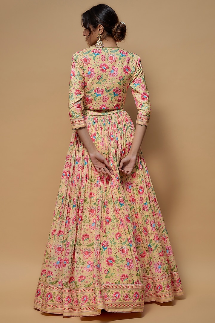 Light Yellow French Crepe Printed Jacket Lehenga Set by Krishna Padia at Pernia's Pop Up Shop