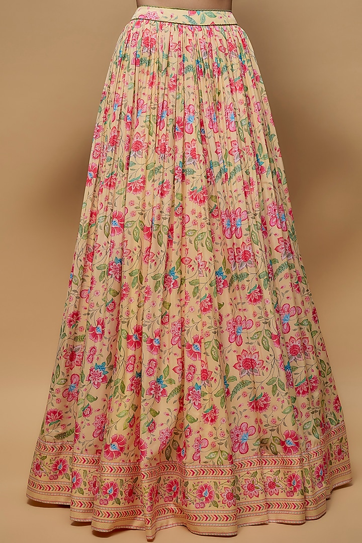 Light Yellow French Crepe Printed Jacket Lehenga Set by Krishna Padia at Pernia's Pop Up Shop