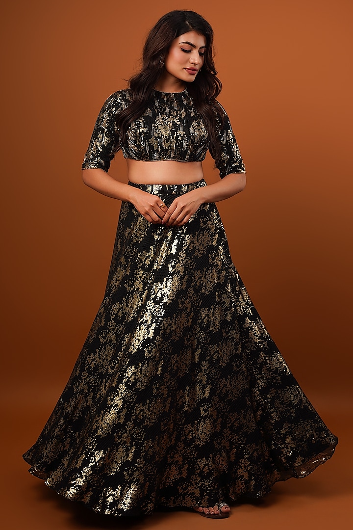 Black Georgette Sequins Embroidered Lehenga Set by Krishna Padia at Pernia's Pop Up Shop